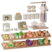 set for children's play kitchen (appliances, dishes, food)